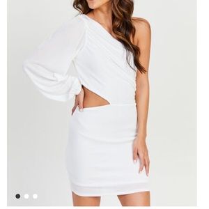 Bachelorette White, one-shoulder, sz M mini dress. Altar’d State “Brooke” dress